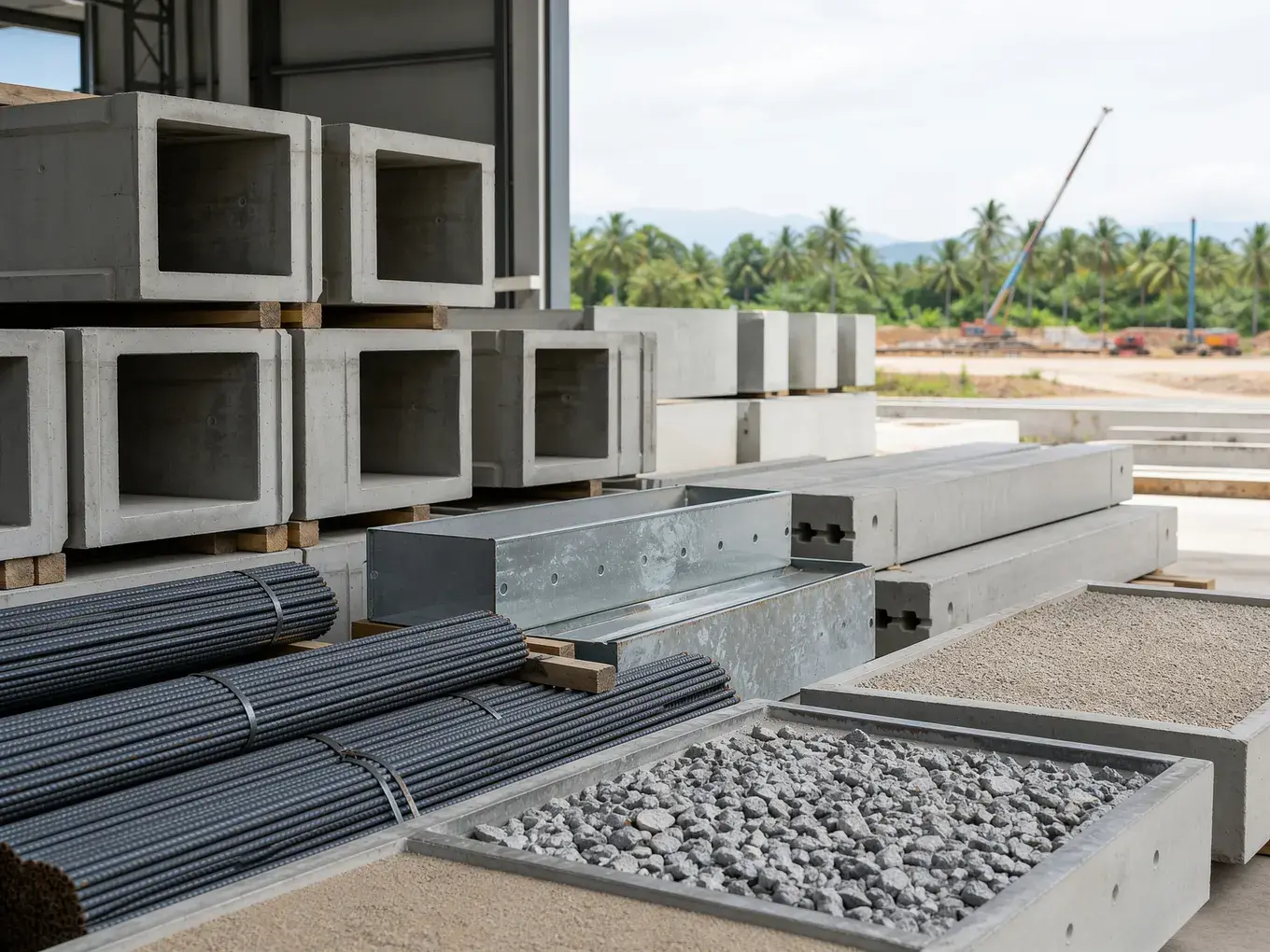 Materiales estructurales organizados en un patio técnico