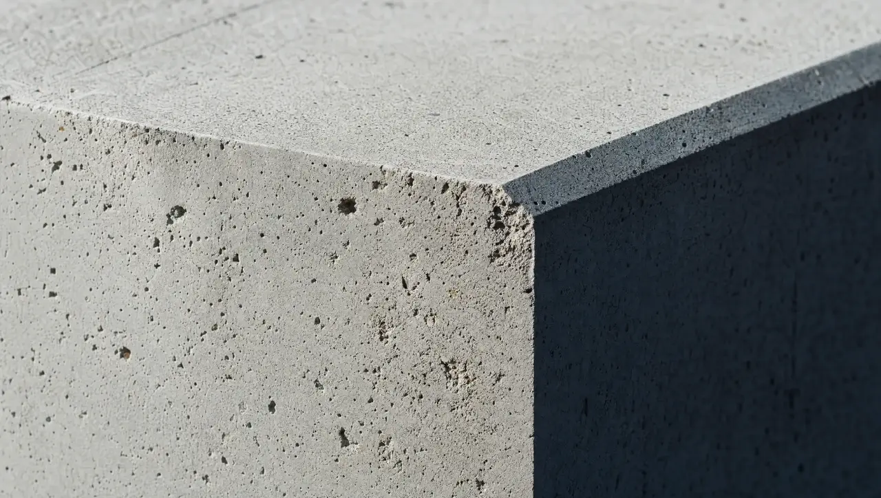 Detalle ilustrativo de concreto: poros, áridos y la arista de una pieza estructural.