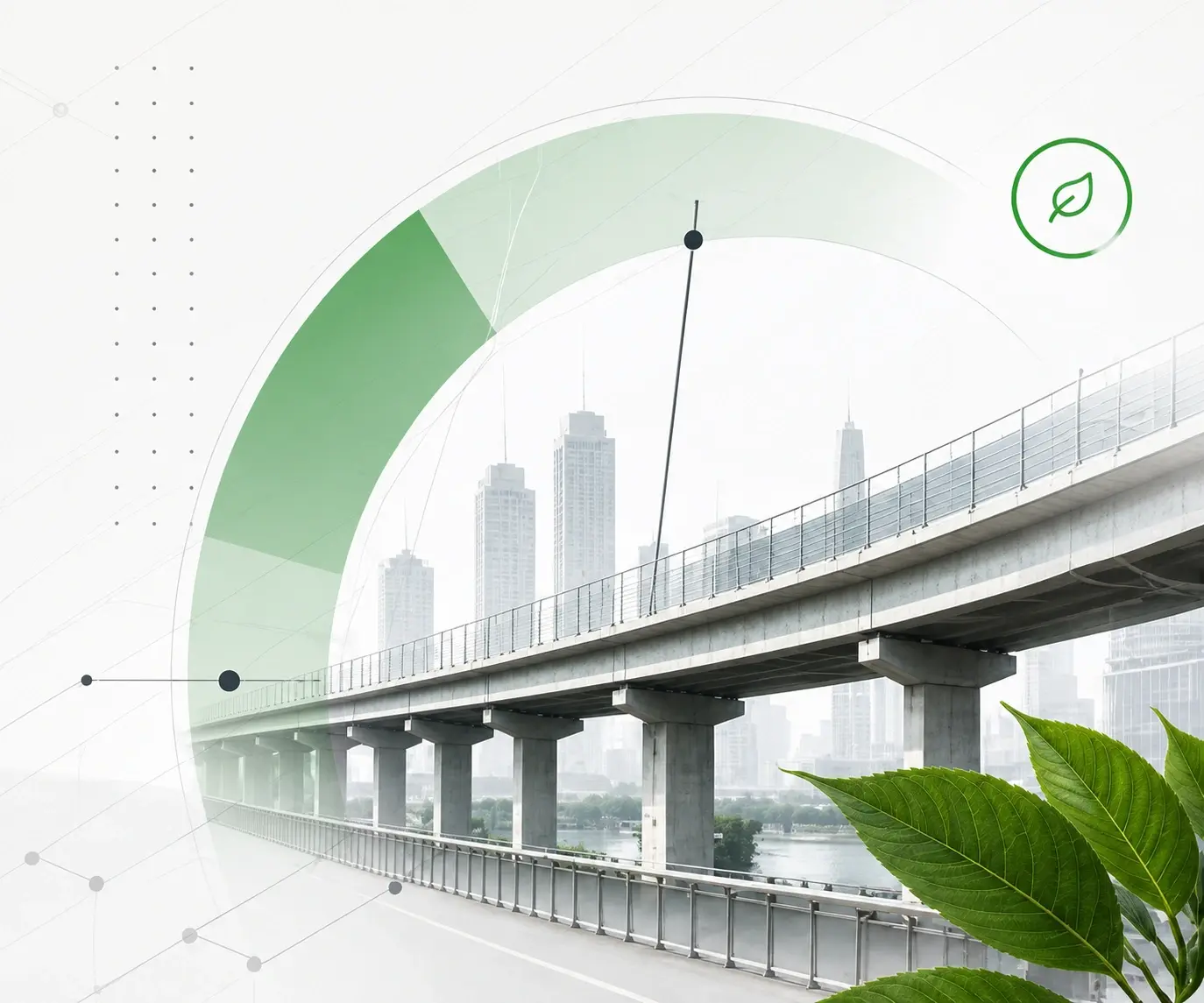 Un puente urbano entre un arco verde y hojas, conectando infraestructura y sostenibilidad.